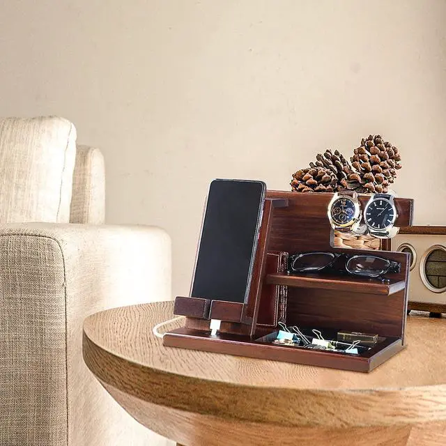 Alt view image 4 of 5 - Wood Phone Docking Station For Men - Wooden Nightstand Organizer - Personalized Idea For Him, Husband, Boyfriend, Dad, Son, Boss, Colleague - Perfect For Anniversary, Birthday, Christmas, Fathers Day
