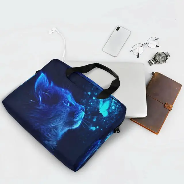 Alt view image 5 of 5 - Cat Butterfly Light Blue Laptop Messenger Bag Case Sleeve Briefcase for Men Women