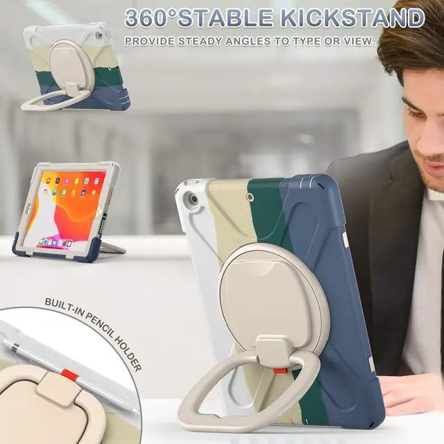 Alt view image 3 of 5 - BATYUE iPad 9th/ 8th/ 7th Generation Case (iPad 10.2 inch Rugged Case 2021/2020/2019) with Screen Protector, Rotating Stand/Pencil Holder/Carrying Shoulder Strap (Colourful Green)