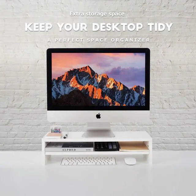 Alt view image 2 of 5 - BEYGORM Monitor Stand Riser White, 21.6 inch 2 Tiers Wood Desk Shelf Computer Screen Stand with Storage for Desktop Laptop/Screen/TV/PC/Printer, Desk Shelf Organizer 21.6" L x 7.8" W x 5.2" H