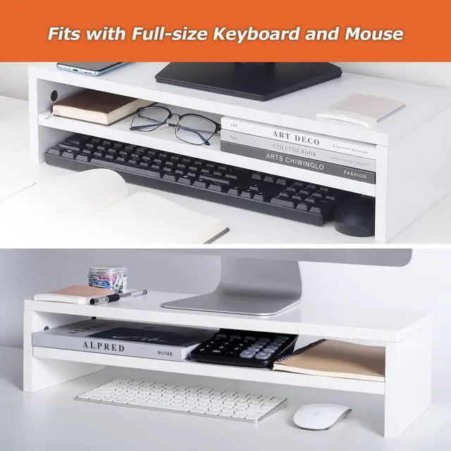 Alt view image 4 of 5 - BEYGORM Monitor Stand Riser White, 21.6 inch 2 Tiers Wood Desk Shelf Computer Screen Stand with Storage for Desktop Laptop/Screen/TV/PC/Printer, Desk Shelf Organizer 21.6" L x 7.8" W x 5.2" H