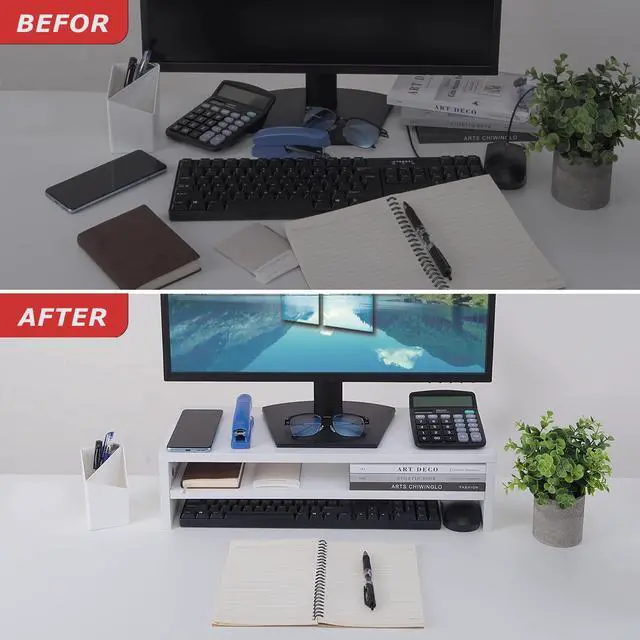 Alt view image 5 of 5 - BEYGORM Monitor Stand Riser White, 21.6 inch 2 Tiers Wood Desk Shelf Computer Screen Stand with Storage for Desktop Laptop/Screen/TV/PC/Printer, Desk Shelf Organizer 21.6" L x 7.8" W x 5.2" H