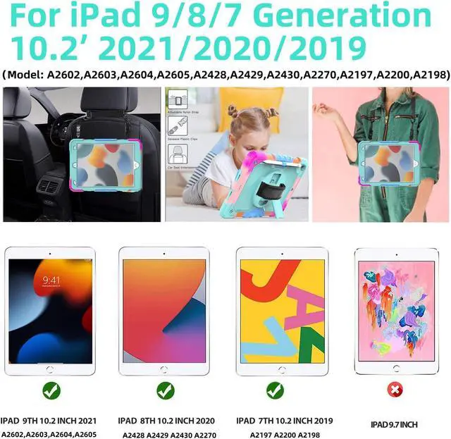 Alt view image 2 of 5 - BLOSOMEET iPad Case for 9th Gen 10.2 inch 2021/2020 for Kids with Tempered Glass Screen Protector | iPad 8th/7th Generation Case Cover 2019 w/Stand Pen Holder & Hand Shoulder Strap |Turquoise