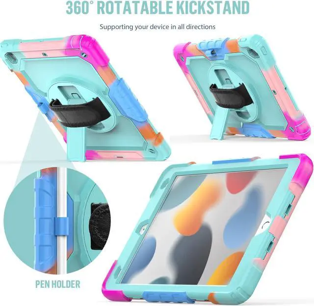 Alt view image 5 of 5 - BLOSOMEET iPad Case for 9th Gen 10.2 inch 2021/2020 for Kids with Tempered Glass Screen Protector | iPad 8th/7th Generation Case Cover 2019 w/Stand Pen Holder & Hand Shoulder Strap |Turquoise