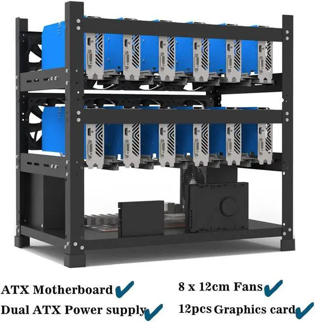 Alt view image 3 of 5 - Mining Rig Frame for 12GPU, Steel Open Air Miner Mining Frame Rig Case, Support to Dual Power Supply for Crypto Coin Currency Bitcoin ETH ETC ZEC Mining Tools - Frame Only, Fans & GPU is not Included