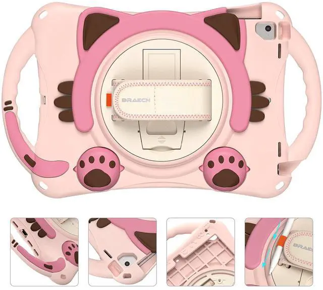 Alt view image 2 of 5 - BRAECN Kids Case for iPad 6th/5th 9.7 Inch 2018/2017, Silicone Shockproof Protective Boy Girl Cover with Pencil Holder, Handle Grip, Hand Strap, Kickstand, Strap for iPad Air 2/Air 1/ Pro 9.7 -Pink