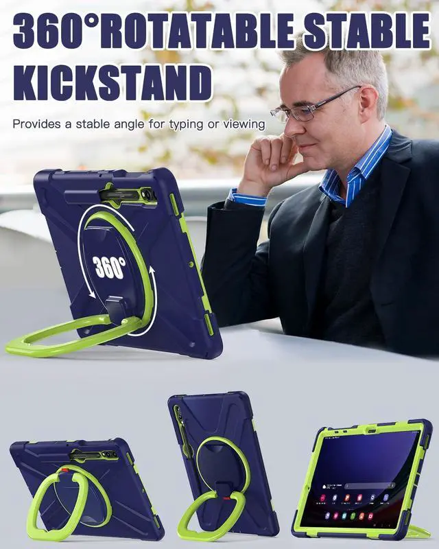 Alt view image 3 of 5 - BRAECN Case for Samsung Galaxy Tab S9 FE+ Plus/ S9+/S8+/S7 FE/S7+ 12.4 Inch 2023, Heavy Duty Rugged Silicone Cover w/S Pen Holder, Handle Grip, Stable Kickstand, Shoulder Strap, Navy Green