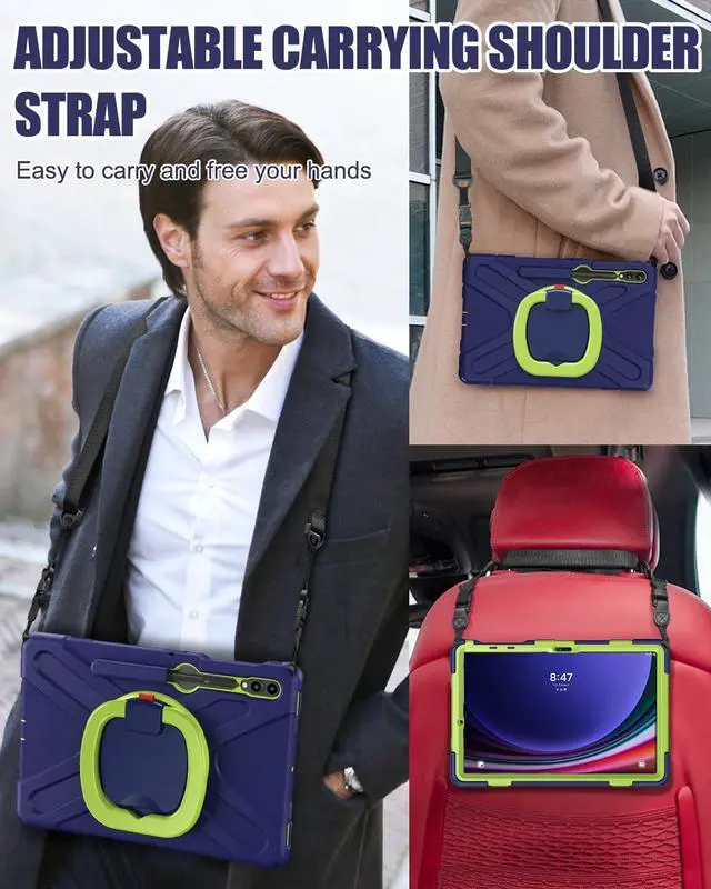 Alt view image 5 of 5 - BRAECN Case for Samsung Galaxy Tab S9 FE+ Plus/ S9+/S8+/S7 FE/S7+ 12.4 Inch 2023, Heavy Duty Rugged Silicone Cover w/S Pen Holder, Handle Grip, Stable Kickstand, Shoulder Strap, Navy Green
