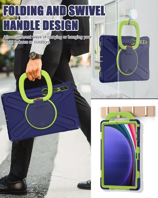 Alt view image 4 of 5 - BRAECN Case for Samsung Galaxy Tab S9 FE+ Plus/ S9+/S8+/S7 FE/S7+ 12.4 Inch 2023, Heavy Duty Rugged Silicone Cover w/S Pen Holder, Handle Grip, Stable Kickstand, Shoulder Strap, Navy Green