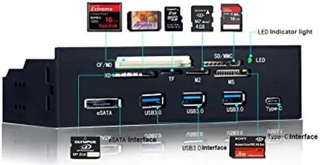 Alt view image 2 of 5 - Internal Card Reader, 5.25inches USB 3.0 Interface Multifunction Internal Card Reader Dashboard PC Front Panel with eSATA and USB 3.1 Port, Support M2, MSO, Memory, MS, XD, 64G CF Card