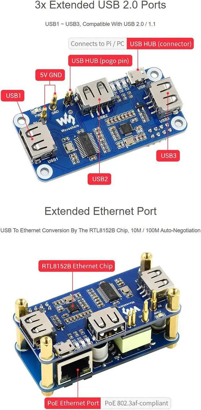 Alt view image 5 of 5 - PoE Ethernet/USB HUB HAT for Raspberry Pi Zero/Zero W/Zero WH, 3X USB 2.0 Ports, 10M / 100M RJ45 Port, 802.3af-Compliant