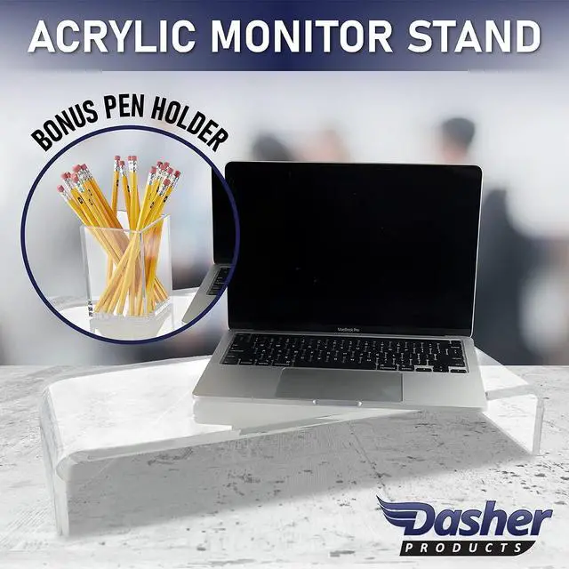 Alt view image 2 of 5 - Dasher Products Acrylic Laptop Stand with Matching Pen Holder, Contemporary Design, Ergonomic Viewing Position, Raises Monitor 3 inches, 12mm Thick Clear Acrylic, No More Clutter