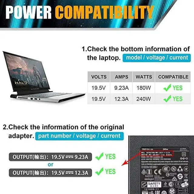 Alt view image 2 of 5 - 240W 180W Dell AC Adapter Charger for Dell Alienware 13 15 17 R1 R2 R3 R4 Series,Dell Alienware X51 M17 M15 M17X M18X,Dell Precision 7710 7730 7520 M6700 M6800 PA-9E Laptop Charger