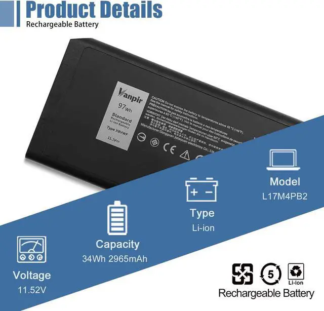 Alt view image 2 of 5 - VANPIR X8VWF DKNKD Laptop Battery, 11.1V 97Wh 8550mAh 9-Cell Compatible with Dell Latitude 5404 7404 5414 7414 Rugged Extreme Series 4XKN5 05XT3V 0VCHGN 09FN4 CJ2K1 XN4KN XRJDF YGV51 453-BBBE 0W11Y7