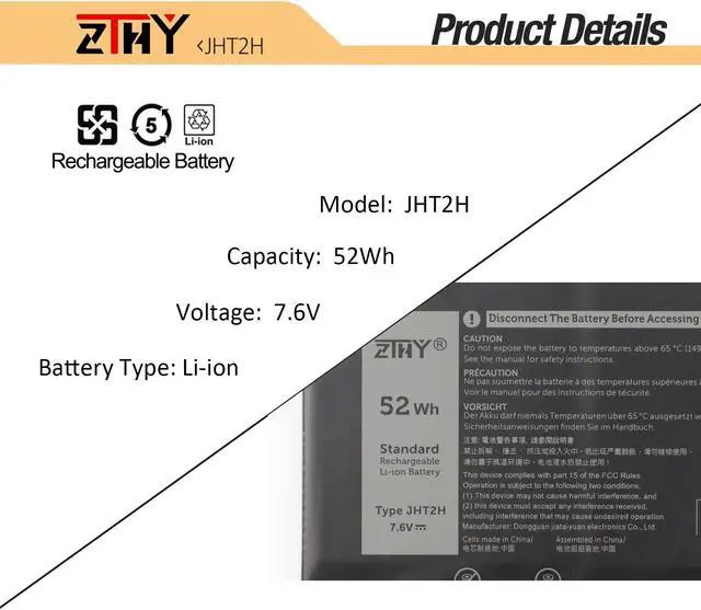 Alt view image 3 of 5 - ZTHY 52Wh JHT2H Laptop Battery Compatible with Dell Latitude 7310 7410 Series Notebook P34S P34S001 35J09 0WY9MP 04V5X2 HRGYV 0HRGYV 7.6V 6500mAh 4-Cell