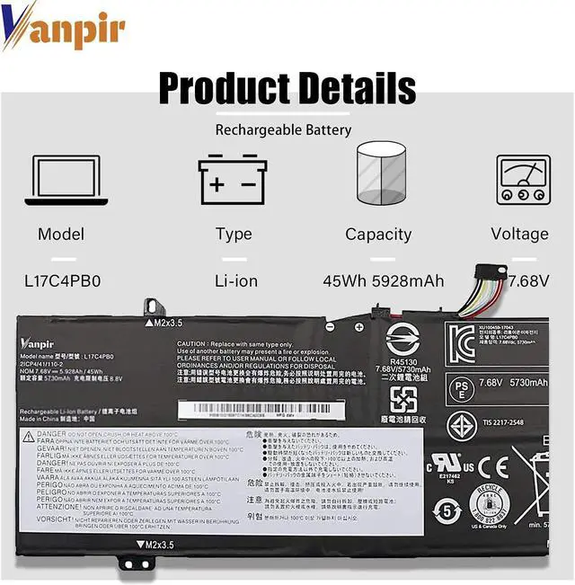 Alt view image 2 of 5 - VANPIR L17C4PB0 Laptop Battery, 7.68V 45Wh 5928mAh Compatible with Lenovo Flex 6-14IKB 14ARR 530S-14ARR 530S-14IKB 530S-15IKB Series Notebook L17M4PB0 L17C4PB2 L17M4PB2 5B10Q16066 5B10Q16067