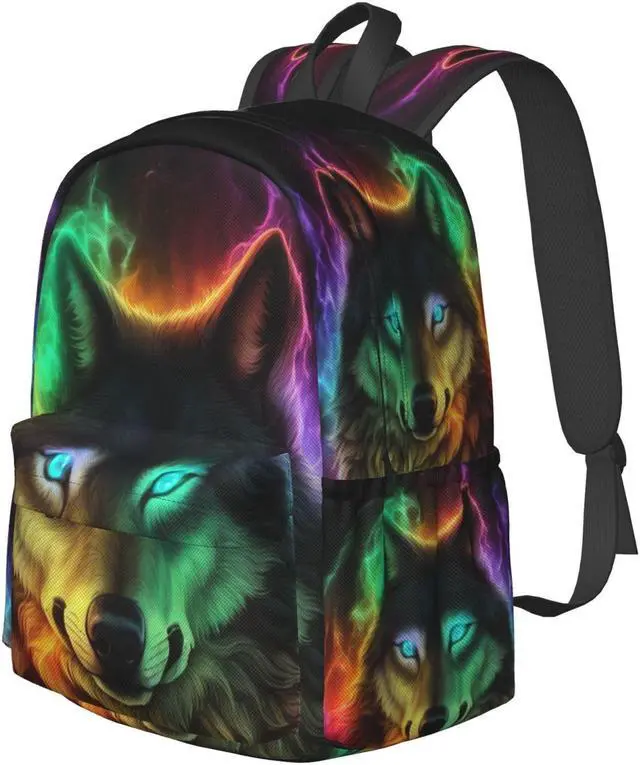 Alt view image 2 of 5 - FeHuew 16 inch backpack Colorful Wolf Fantasy Burning Laptop Backpack Full Print School Bookbag Shoulder Bag for Travel Daypack