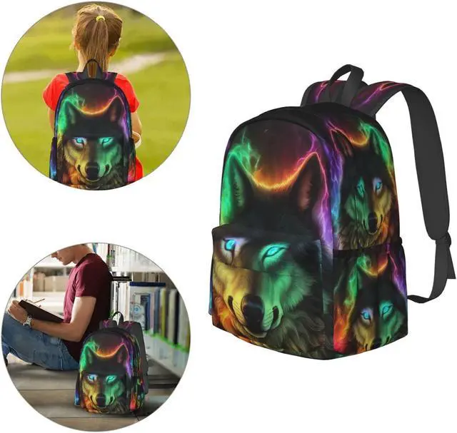 Alt view image 4 of 5 - FeHuew 16 inch backpack Colorful Wolf Fantasy Burning Laptop Backpack Full Print School Bookbag Shoulder Bag for Travel Daypack