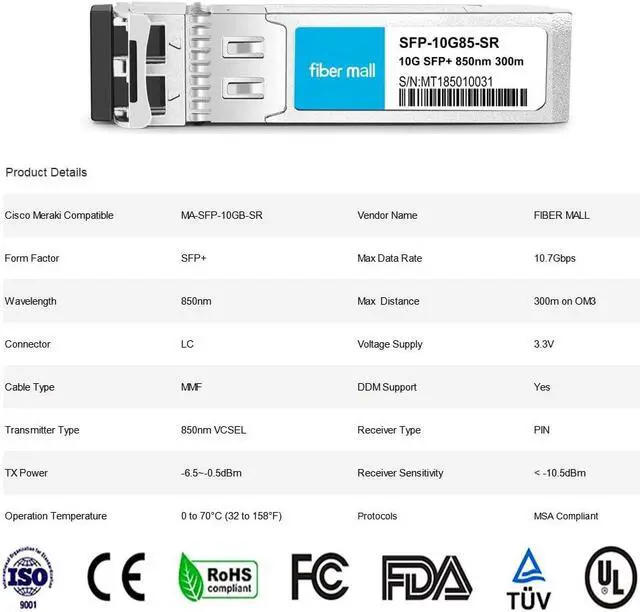 Alt view image 3 of 5 - 10G SFP SR for Cisco Meraki MA-SFP-10GB-SR 10GBASE-SR SFP+ 850nm 300m MMF DOM Transceiver Module Pack of 10