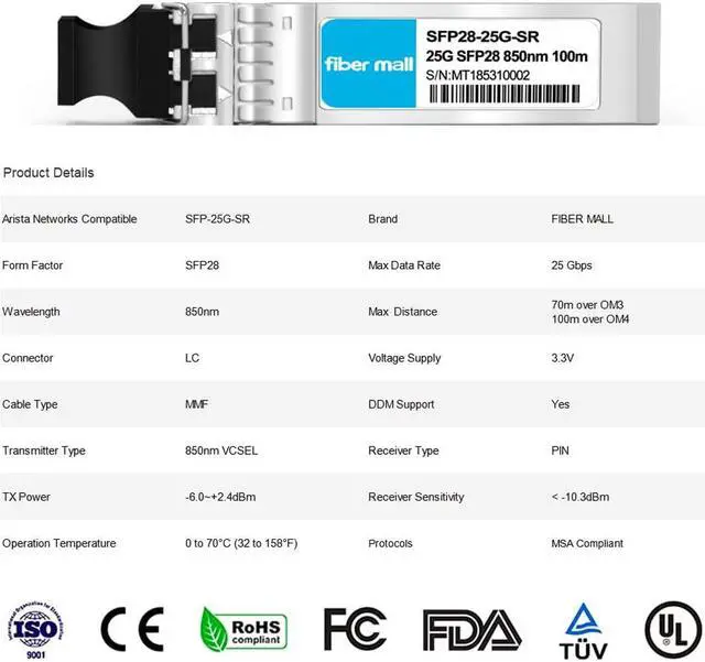 Alt view image 2 of 5 - 25G SFP28 SR for Arista Networks SFP-25G-SR,Compatible 10/25GBASE-SR SFP28 850nm 100m DOM LC MMF Optical Transceiver Module