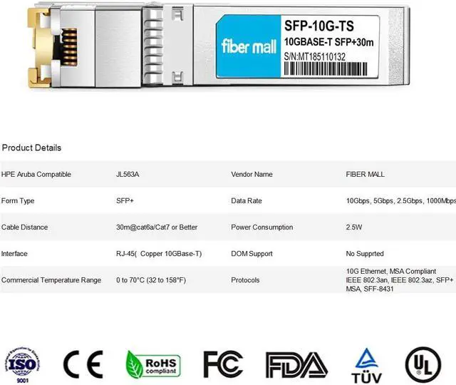 Alt view image 2 of 5 - 10gbase-t sfp+ to rj45 for HPE Aruba JL563A Compatible 10G SFP+ Copper RJ-45 30m Transceiver Module