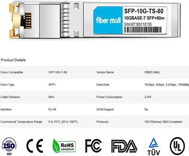 Alt view image 2 of 5 - 10G SFP+ to RJ45 for Cisco SFP-10G-T-80 Compatible, 10GBASE-T SFP+ Copper RJ-45 80m Transceiver Module Pack of 4