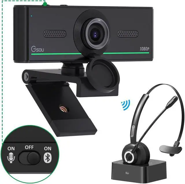 Main image of Gsou Webcam with Headset and Microphone, Webcam with Wireless Headset, 1080P Webcam with Privacy Cover, Plug and Play Web Camera for Desktop Computer Zoom Meetings, Audio Bluetooth only for Headset