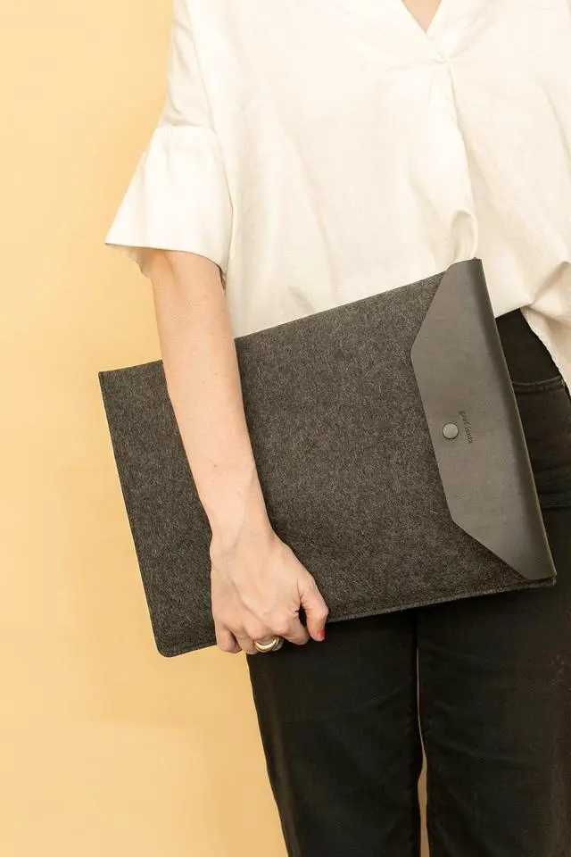 Alt view image 5 of 5 - Graf Lantz Laptop Computer Sleeve 15" - Merino Wool & Leather - Protective & Scratch Resistant (Granite/Natural Leather)