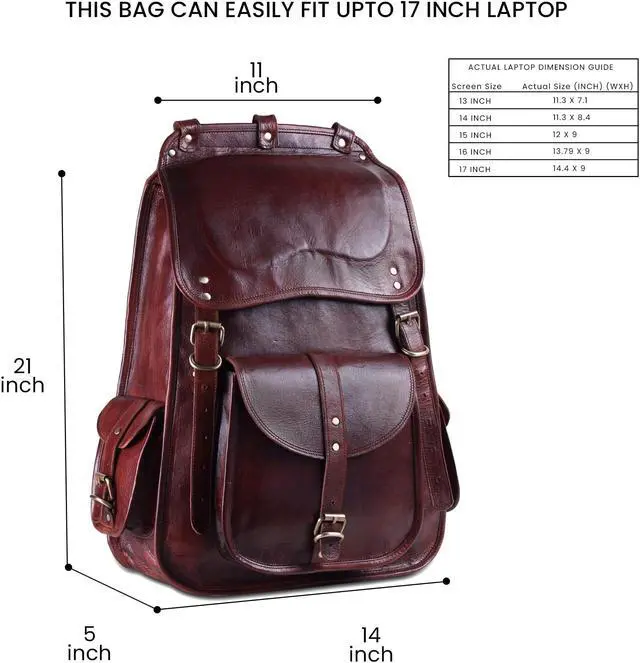 Alt view image 2 of 5 - Handmade World Vintage Full Grain 21 Inch Leather Laptop LARGE Backpack Casual Bookbag Daypack Travel Rucksack (Brown)