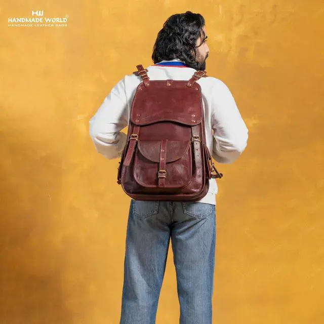 Alt view image 3 of 5 - Handmade World Vintage Full Grain 21 Inch Leather Laptop LARGE Backpack Casual Bookbag Daypack Travel Rucksack (Brown)