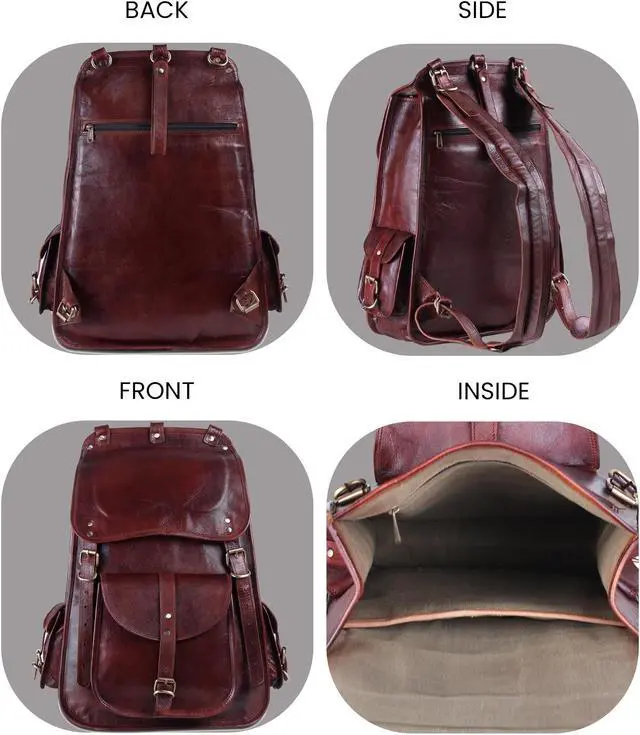 Alt view image 4 of 5 - Handmade World Vintage Full Grain 21 Inch Leather Laptop LARGE Backpack Casual Bookbag Daypack Travel Rucksack (Brown)