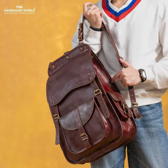 Alt view image 5 of 5 - Handmade World Vintage Full Grain 21 Inch Leather Laptop LARGE Backpack Casual Bookbag Daypack Travel Rucksack (Brown)