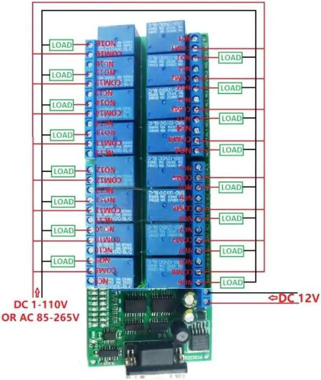 Alt view image 2 of 5 - Jeanoko RS232 DB9 Female Interface 16-Channel Relay Board Serial Port Smart Module 8 Working Modes Relay Module for Automation Control