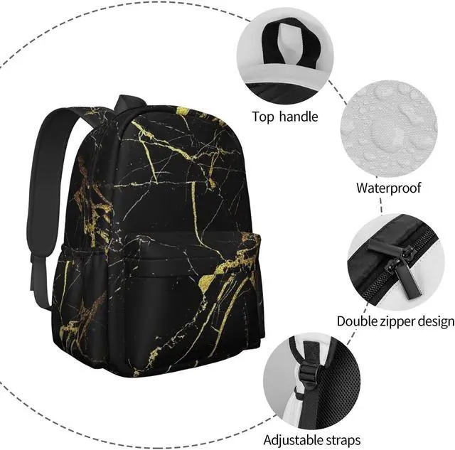 Alt view image 5 of 5 - KiuLoam 17 Inch Backpack Gold Black Marble Laptop Backpack Shoulder Bag School Bookbag Casual Daypack