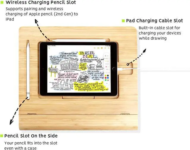 Alt view image 3 of 5 - ELETIUO Tablet Stand Holder Adjustable Foldable,Multi-Angle Bamboo Wooden Organizer Desktop Holder for iPad,Stable for Drawing,Watching,Typing (Support Multiple Devices)