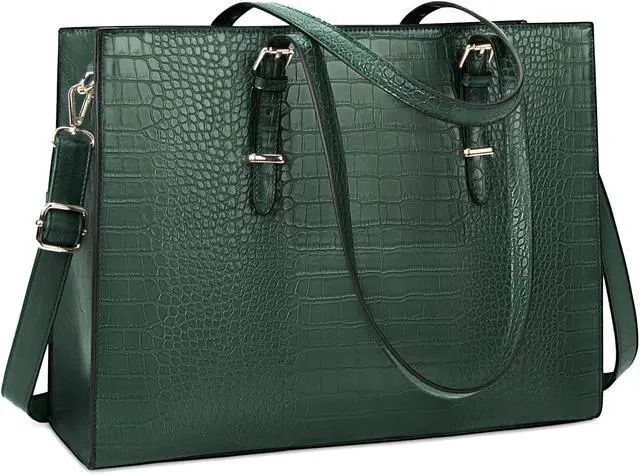 Main image of Laptop Bag for Women 15.6 Inch Laptop Tote Bag Leather Classy Computer Briefcase for Work Waterproof Handbag Professional Shoulder Bag Women Business Office Bag Large Capacity Green