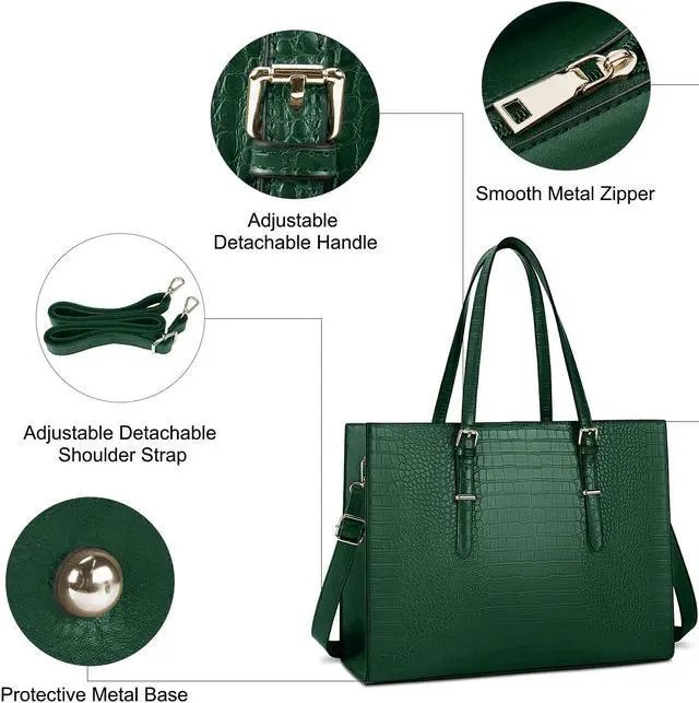 Alt view image 3 of 5 - Laptop Bag for Women 15.6 Inch Laptop Tote Bag Leather Classy Computer Briefcase for Work Waterproof Handbag Professional Shoulder Bag Women Business Office Bag Large Capacity Green