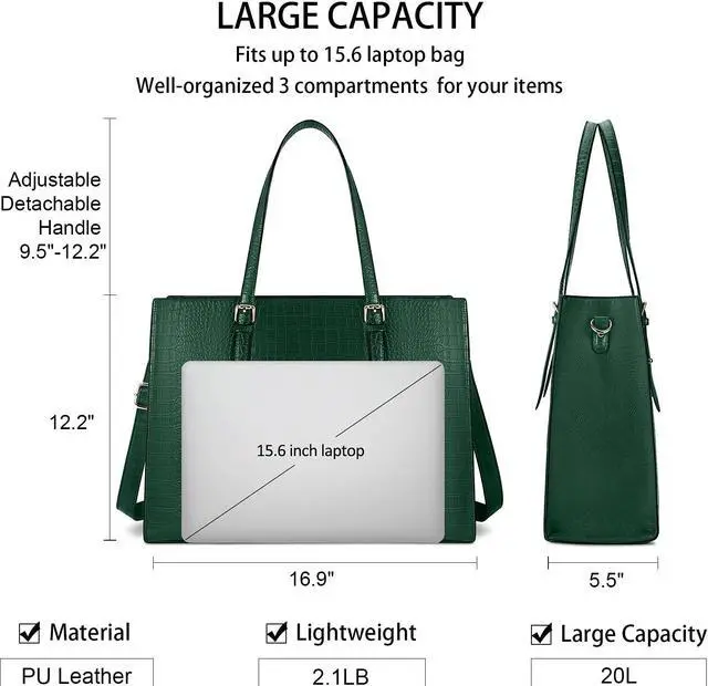 Alt view image 4 of 5 - Laptop Bag for Women 15.6 Inch Laptop Tote Bag Leather Classy Computer Briefcase for Work Waterproof Handbag Professional Shoulder Bag Women Business Office Bag Large Capacity Green