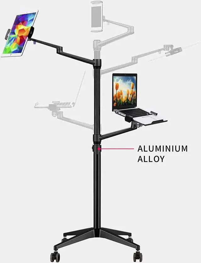 Alt view image 2 of 5 - MagicHold Dual Arm Height Adjustable Stand Mount with Rolling Wheel for Laptop 11-17 inch and Compatible with ipad,ipad Mini.ipad pro 12.9 inch,Tablet,Ereader (Black 4 Legs)