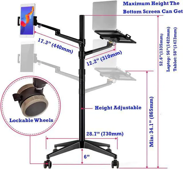 Alt view image 3 of 5 - MagicHold Dual Arm Height Adjustable Stand Mount with Rolling Wheel for Laptop 11-17 inch and Compatible with ipad,ipad Mini.ipad pro 12.9 inch,Tablet,Ereader (Black 4 Legs)