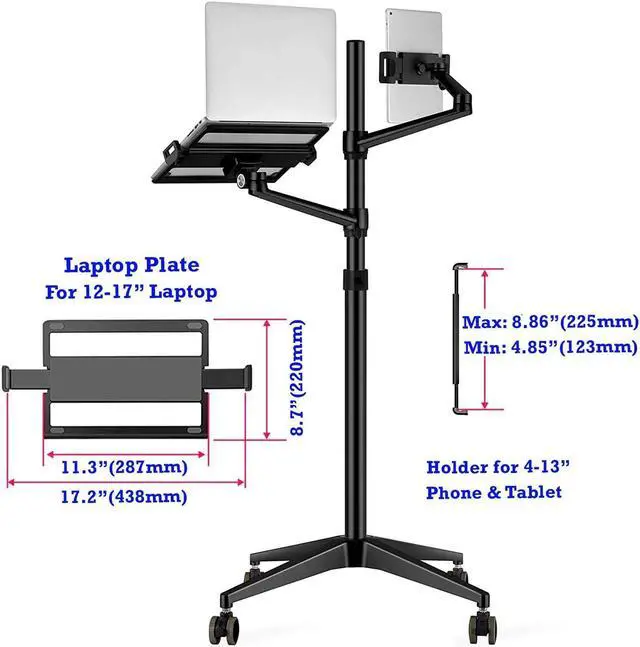 Alt view image 5 of 5 - MagicHold Dual Arm Height Adjustable Stand Mount with Rolling Wheel for Laptop 11-17 inch and Compatible with ipad,ipad Mini.ipad pro 12.9 inch,Tablet,Ereader (Black 4 Legs)