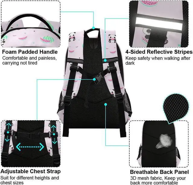 Alt view image 4 of 5 - MNSRUU School Backpack with Chest Strap, Cartoon Animal Cute Panda With Watermelon Laptop Backpack, Travel Hiking Backpack for Boys Girls, Rucksack, Knapsack