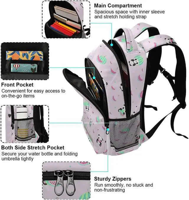 Alt view image 5 of 5 - MNSRUU School Backpack with Chest Strap, Cartoon Animal Cute Panda With Watermelon Laptop Backpack, Travel Hiking Backpack for Boys Girls, Rucksack, Knapsack