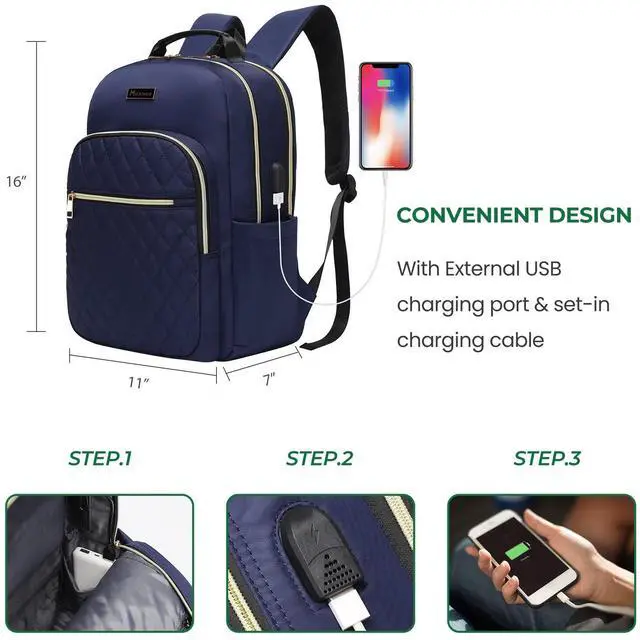 Alt view image 4 of 5 - Modoker Women's 15.6 Inch Laptop Backpack - Quilted Work & Travel Backpack with USB Charging Port, Blue