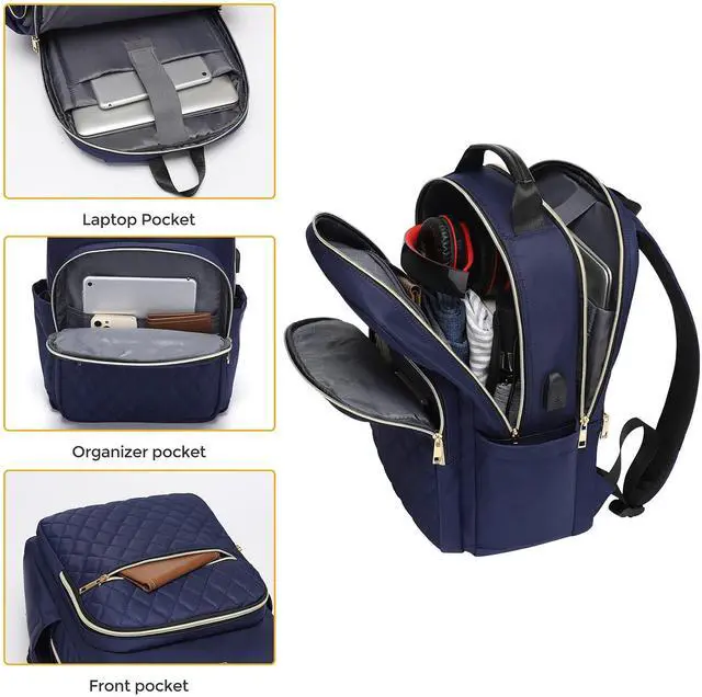 Alt view image 3 of 5 - Modoker Women's 15.6 Inch Laptop Backpack - Quilted Work & Travel Backpack with USB Charging Port, Blue