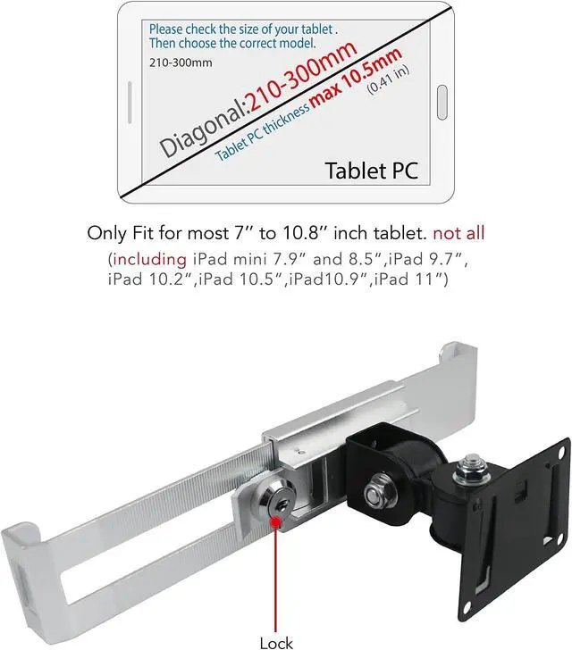 Alt view image 4 of 5 - WeSTRUGGLE Tablet Wall Mount Holder with Anti Theft Lock,Rotate Design,Multi Angle,Bracket for Most 8 to 10.4 Inch,and for iPad 7.9" 8.3" 9.7" 10.2" 10.5" 10.9"& 11",Galaxy tab,& More,(Silver)