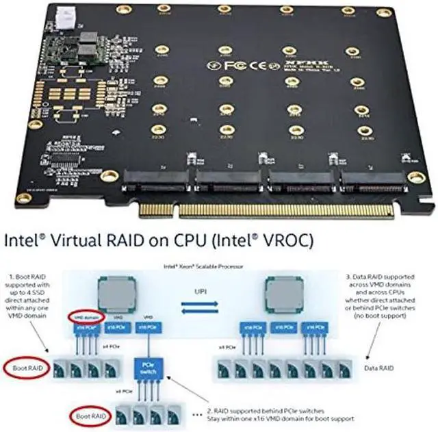 Alt view image 4 of 5 - NFHK 4X NVME M.2 AHCI to PCI-E Express 3.0 Gen3 X16 Raid Card with Fan VROC Raid0 Hyper Adapter