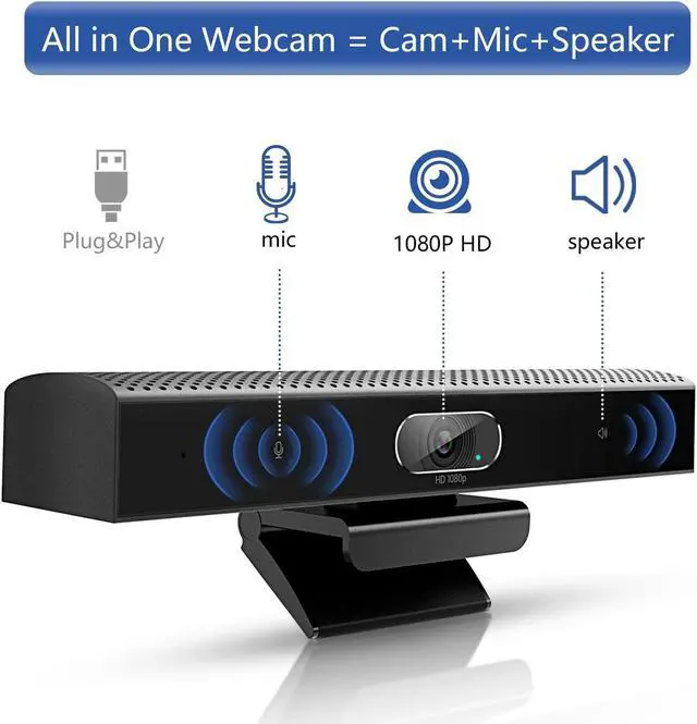 Alt view image 2 of 5 - Conference Room Camera, 3-in-1, 1080p Full HD Webcam with Microphone and Speaker, USB Plug and Play, Wide Angle Video Conference Camera for Desktop, Laptop, Mac, PC (Black)