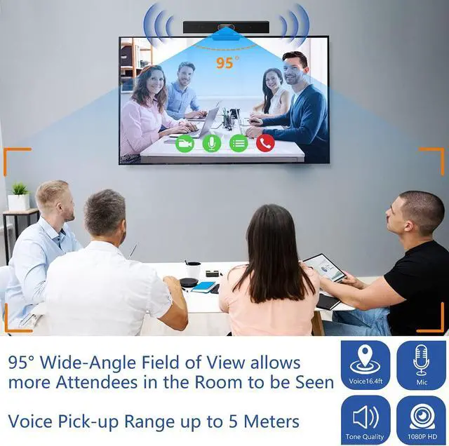 Alt view image 5 of 5 - Conference Room Camera, 3-in-1, 1080p Full HD Webcam with Microphone and Speaker, USB Plug and Play, Wide Angle Video Conference Camera for Desktop, Laptop, Mac, PC (Black)