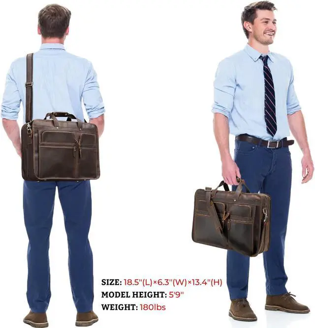 Alt view image 3 of 5 - Polare 18.5" Full Grain Leather Laptop Briefcase Messenger Work Bag Overnight Bag For Men X-Large Fits 17.3" Laptop